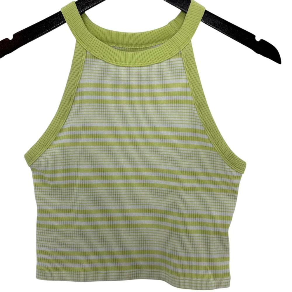 American Eagle Racerback Tank Top Womens L Green White Stripe Cropped Ribbed